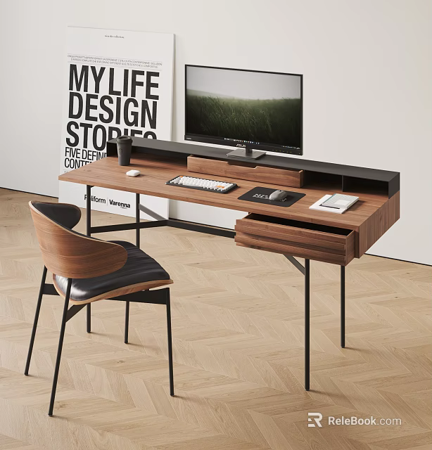 Modern Wooden Desk Chair Set with Metal Legs Computer Monitor Keyboard Mouse and Mobile Phone 3d model 