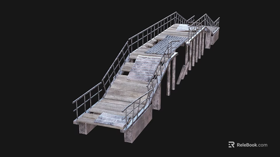 Industrial Metal Railing Bridge Structure With Wooden Planks And Concrete Supports 3d model 