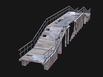 Industrial Metal Railing Bridge Structure With Wooden Planks And Concrete Supports 3d model