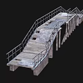 Industrial Metal Railing Bridge Structure With Wooden Planks And Concrete Supports
