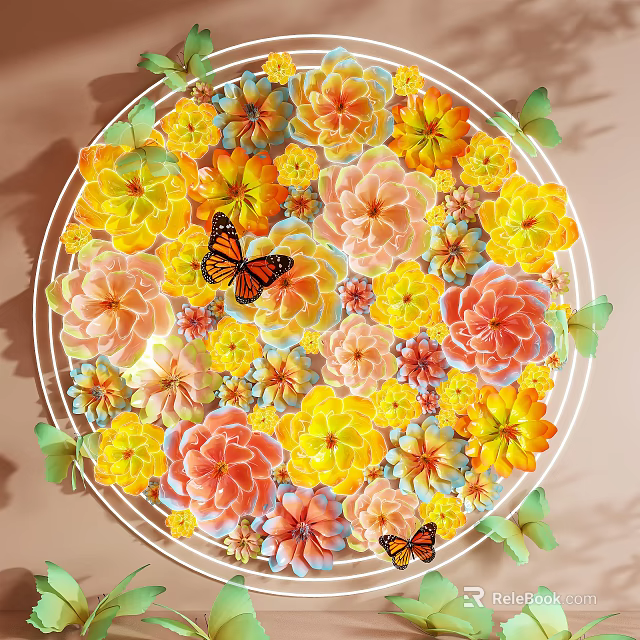 Vibrant Floral Display With Multicolored Flowers Butterflies Green Leaves And Circular Design 3d model 