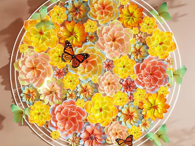 Vibrant Floral Display With Multicolored Flowers Butterflies Green Leaves And Circular Design 3d model