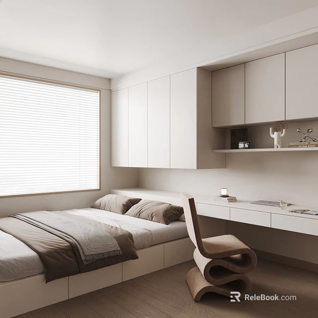 Tatami Bedroom Interior Design With White Cabinets Desk Chair And Window Blinds 3d model 