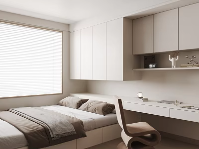 Tatami Bedroom Interior Design With White Cabinets Desk Chair And Window Blinds 3d model