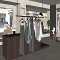 Modern Clothing Store Interior With Hanging Garments Wooden Display Counter And Mirrors