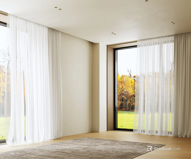 Sheer White Curtains in Bright Room With Large Window and Nature View 3d model 