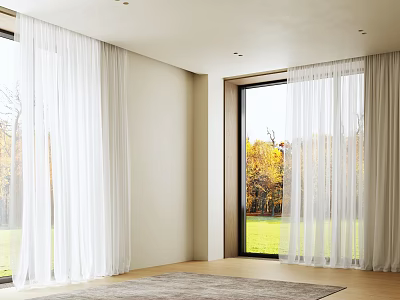 Sheer White Curtains in Bright Room With Large Window and Nature View 3d model
