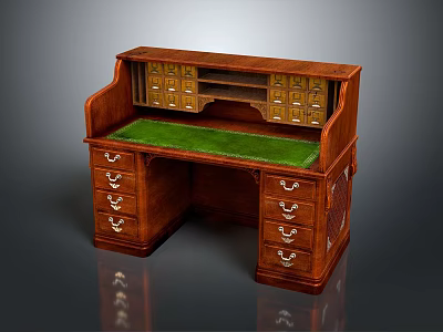 Antique Wooden Writing Desk With Green Leather Top And Multiple Drawers Compartments 3d model