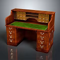 Antique Wooden Writing Desk With Green Leather Top And Multiple Drawers Compartments