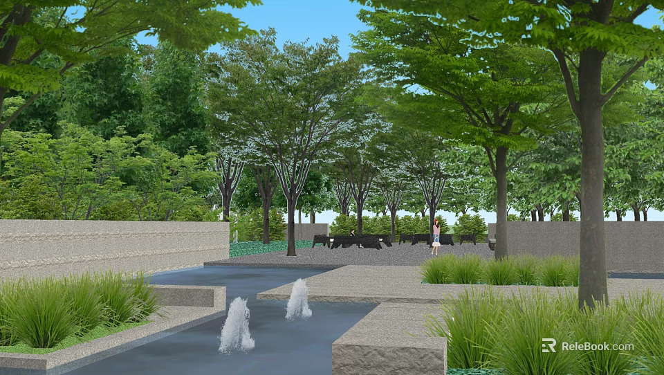 Tranquil Park Landscape With Lush Trees Fountains Stone Pathways And Seats 3d model 