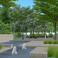 Tranquil Park Landscape With Lush Trees Fountains Stone Pathways And Seats