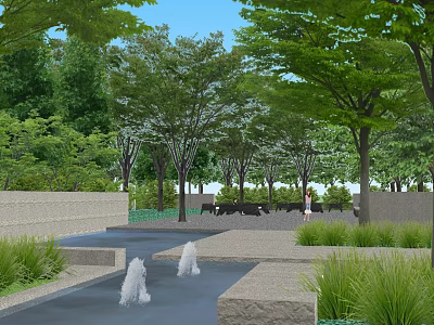 Tranquil Park Landscape With Lush Trees Fountains Stone Pathways And Seats 3d model