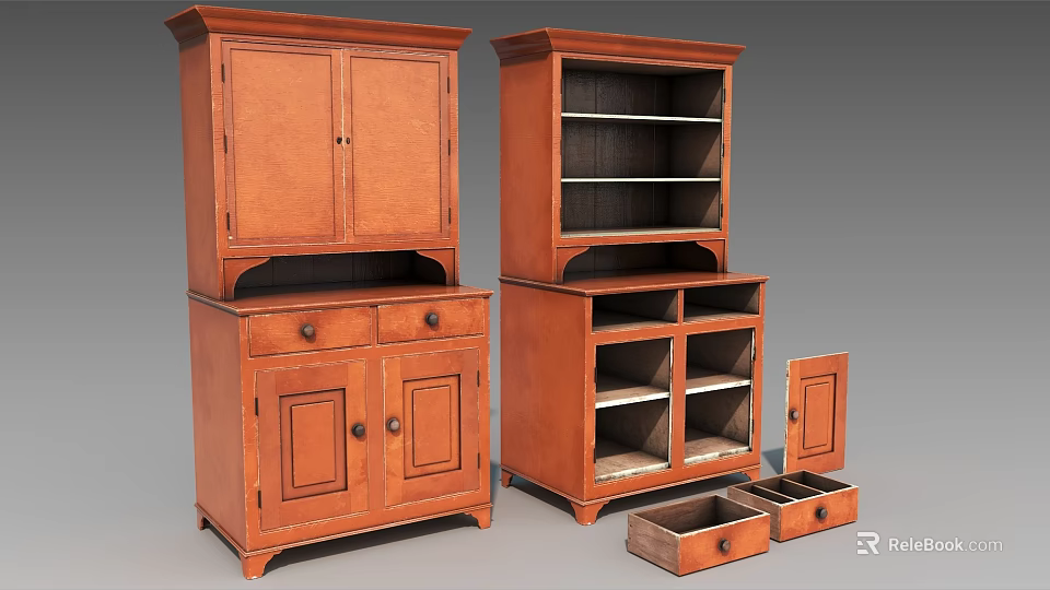 Vintage Wooden Bookcases With Cabinet Doors Open Shelves And Drawer Storage Units 3d model 