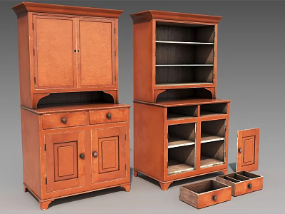 Vintage Wooden Bookcases With Cabinet Doors Open Shelves And Drawer Storage Units 3d model