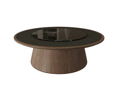 Round Modern Dining Table With Black Marble Top And Walnut Wood Base 3d model