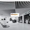 Modern Exhibition Hall with Striped Ceiling Wall Charts Display Platforms and Black Equipment