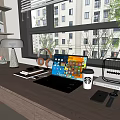 Modern Laptop With Colorful Interface On Desk With Headphones Coffee Cup And City View
