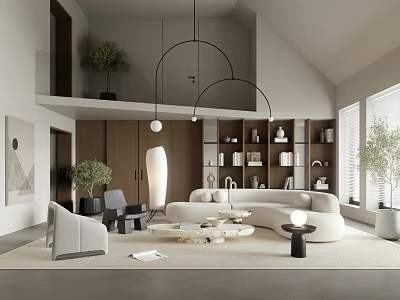 Modern Living Room Interior With Comfortable Sofa Coffee Tables Bookshelves And Pendant Lights 3d model