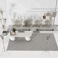 Iron Art Fashion Clothing Display Rack With Decorative Plants And White Stools