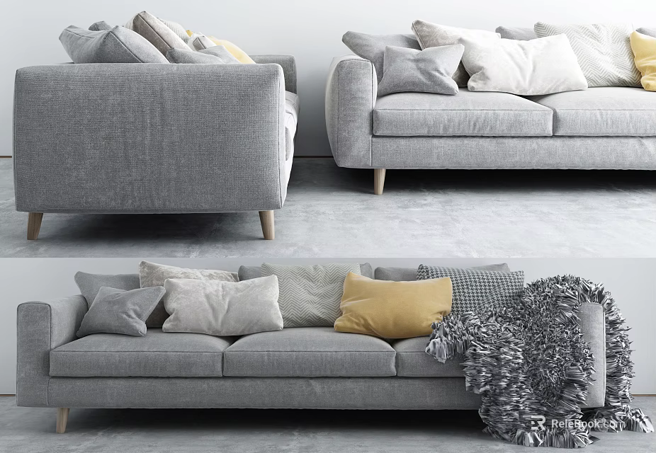 Comfortable Gray Three Seater Sofa With Soft Pillows Wooden Legs And Cozy Blanket 3d model 