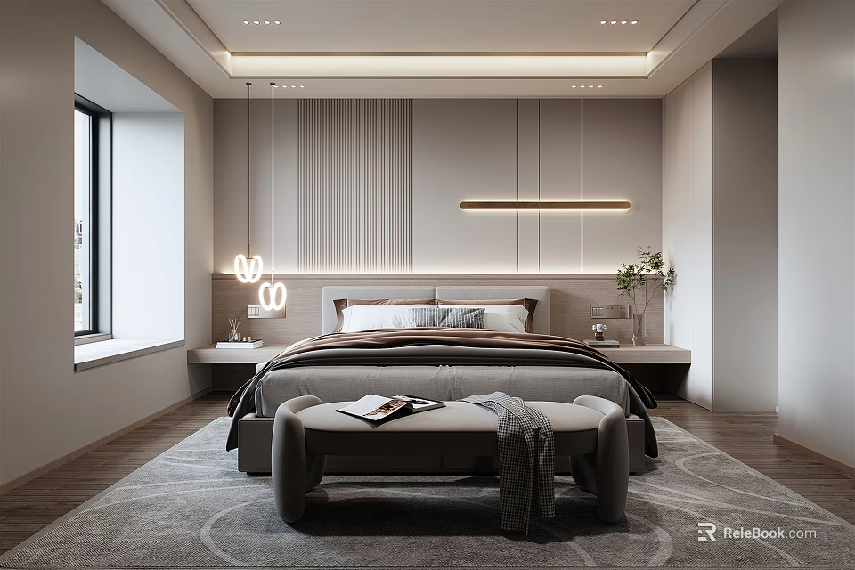 Modern Bedroom Interior Design With Large Bed Striped Wall Pendant Lights And Bench 3d model