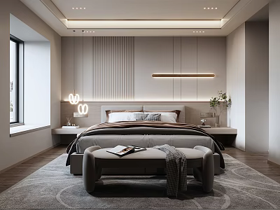 Modern Bedroom Interior Design With Large Bed Striped Wall Pendant Lights And Bench 3d model