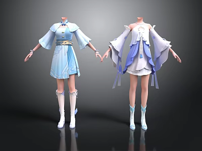 Two Blue And White Traditional Modern Clothing Sets With Dresses And Boots 3d model