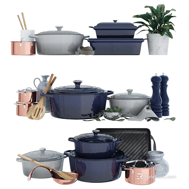 Colorful Cookware Set With Blue Gray Copper Pots Spatulas Salt Pepper Shakers And Decorative Plant 3d model 