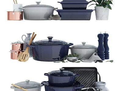 Colorful Cookware Set With Blue Gray Copper Pots Spatulas Salt Pepper Shakers And Decorative Plant 3d model