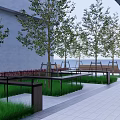 Urban Garden Landscape With Trees Benches And Modern Buildings In Background