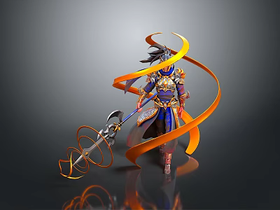 Armored Warrior Character With Mythical Beast Holding Sword And Orange Ribbons 3d model
