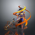 Armored Warrior Character With Mythical Beast Holding Sword And Orange Ribbons