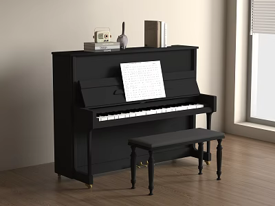 Upright Black Piano With Music Sheet Piano Bench And Wooden Floor Indoor Scene 3d model