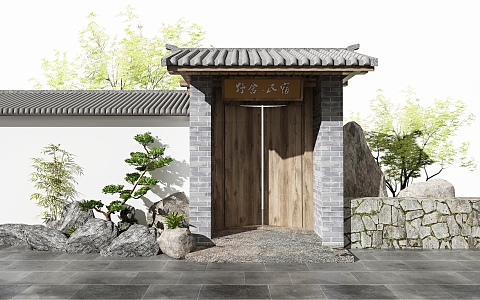 New Chinese Style Gate Homestay Courtyard Gate Head Self-built Door Head 3d model