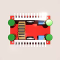 Electronic Circuit Board Assembly With Red Base Green Capacitors Heat Sinks And Inductor Coil