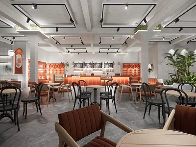 Modern Café Interior Design With Stylish Chairs Bar Counter And Green Plants 3d model