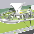 Modern Children's Play Area With Umbrella Shaped Structure Circular Walkways Green Lawns And Trees