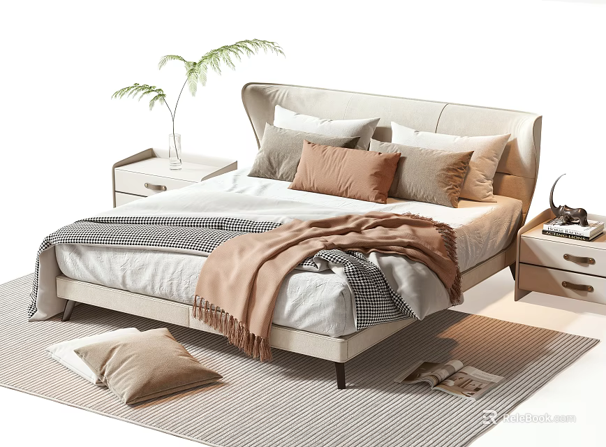 Modern Double Bed with Beige Headboard Multiple Pillows Cozy Blankets Nightstands Plants and Lamp 3d model 