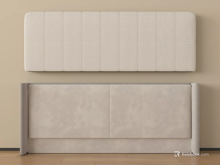 Modern Light Beige Upholstered Bed Headboard With Paneled Design And Wooden Floor 3d model 