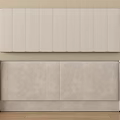 Modern Light Beige Upholstered Bed Headboard With Paneled Design And Wooden Floor