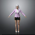 Fashionable Woman With White Hair In Pink Blazer White Top Black Shorts And High Heels