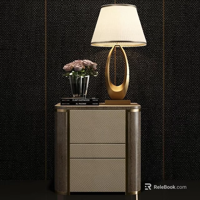 Elegant Modern Bedside Table With Gold Lamp Flower Vase And Stacked Books 3d model 