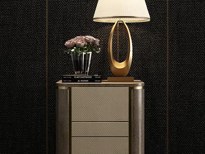 Elegant Modern Bedside Table With Gold Lamp Flower Vase And Stacked Books 3d model