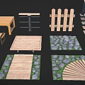 Outdoor Garden Scene Components With Wooden Table Fence Stone Path And Fire Pit
