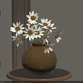 White Daisies with Yellow Centers in Brown Vase on Black Table Near Window with Curtains