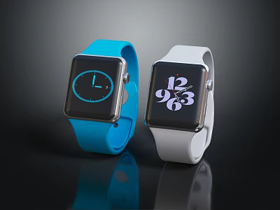 Modern Smart Watches With Blue And White Straps Digital Time Display On Black Background 3d model