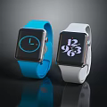Modern Smart Watches With Blue And White Straps Digital Time Display On Black Background