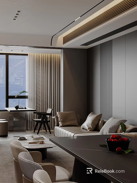 Modern Living and Dining Room Interior Design With Sofa Pillows Table Window And Curtains 3d model