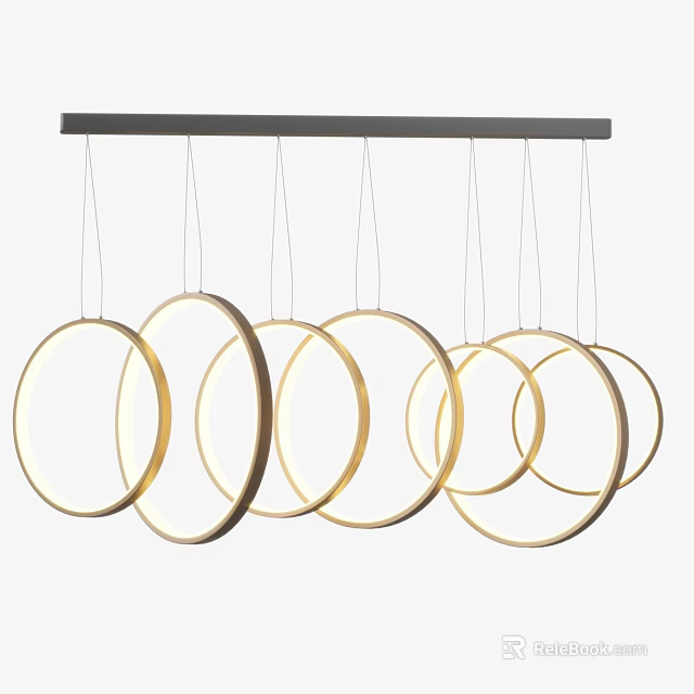 Modern Golden Circular Ring Pendant Lights Suspended from Metal Bar Design 3d model 