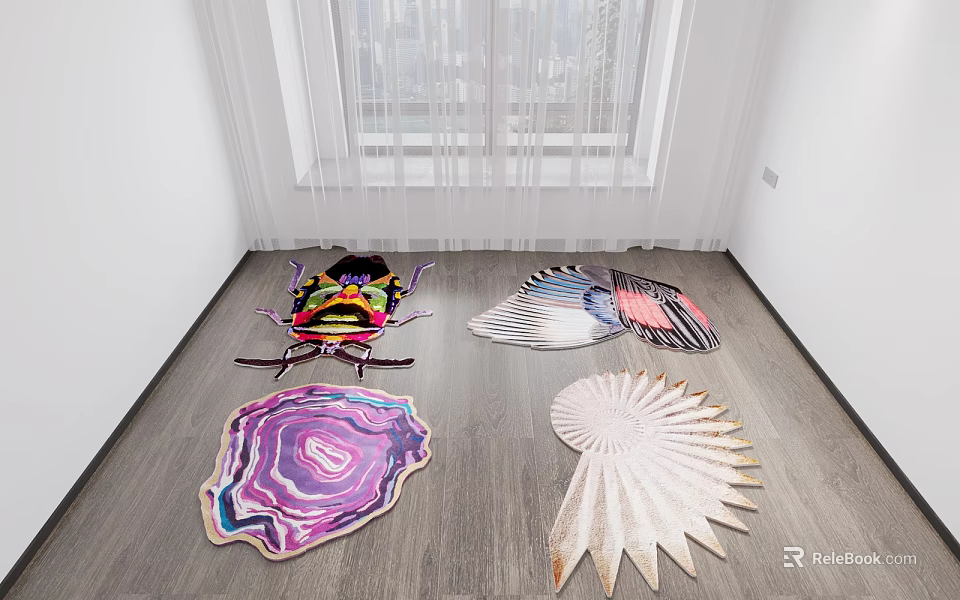 Unique Shaped Decorative Rugs On Wooden Floor In Modern Room With Window 3d model 